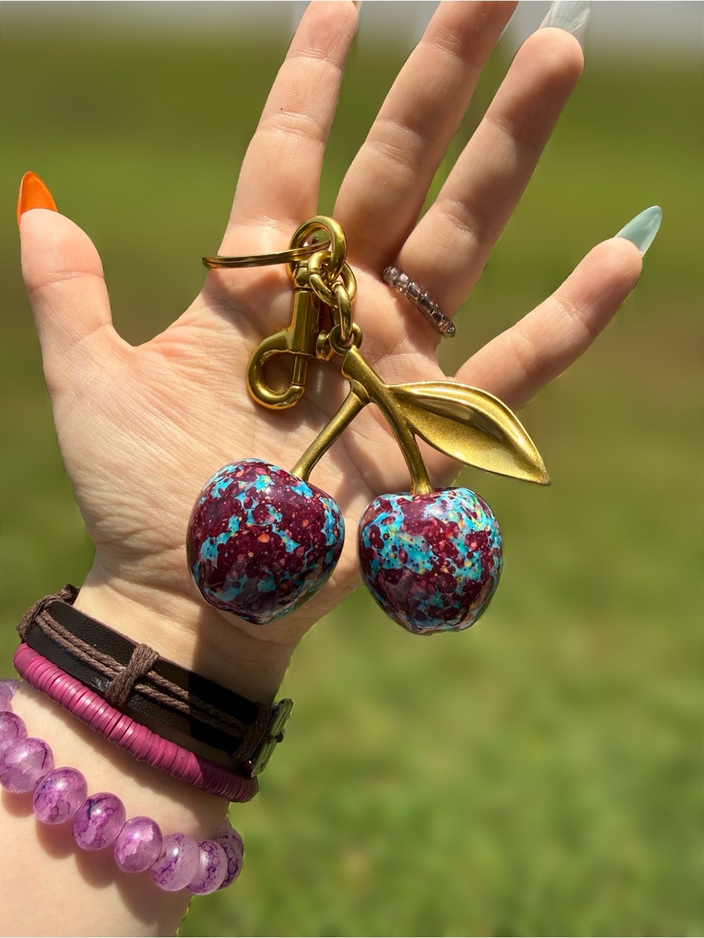 Fashion Cherry Keychain with Gold Stem